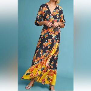 Anthropologie Navy Floral Wrap Maxi Dress with Yellow Ruffle